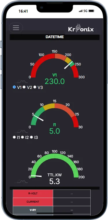 Krionix mobile dashboard with voltage, current and kW gauges