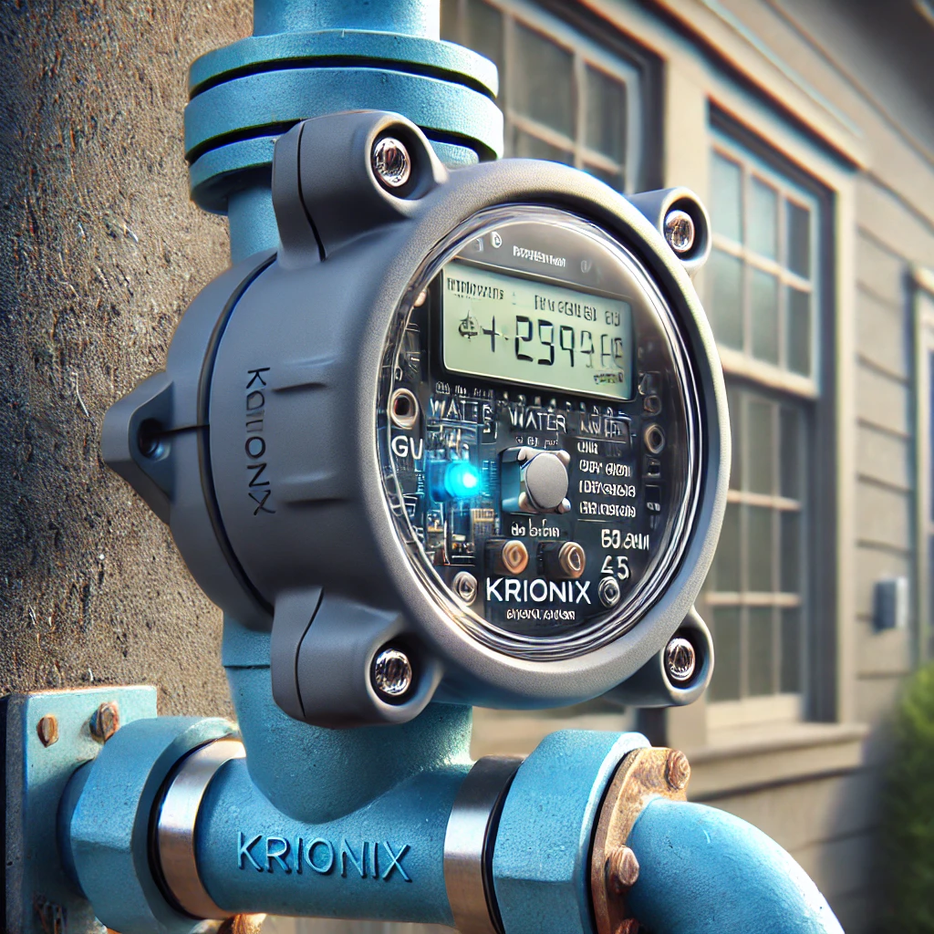 KRIONIX water AMR node connected to a water meter and piping